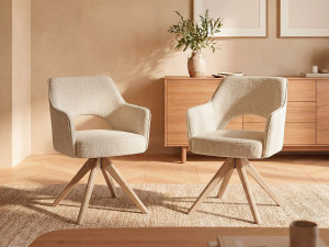Unique Conjunto de 2 sillas giratorias con reposabrazos en tela y roble - Crema - KONYA