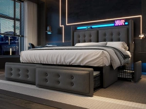 ModernLuxe Cama de adulto 180x200cm em tecido de linho - com LED e portas de carregamento - 4 gavetas - Cinza
