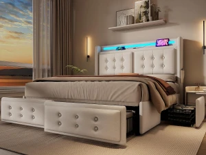 ModernLuxe Cama de adulto 180x200cm em tecido de linho - com LED e portas de carregamento - 4 gavetas - Bege