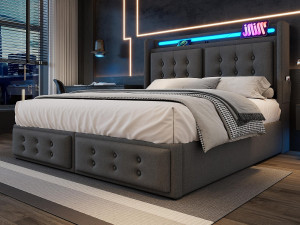 ModernLuxe Opbergbed 180x200cm in linnenstof - met LED en oplaadpoorten - Grijs