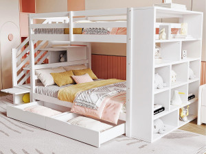 ModernLuxe Houten stapelbed 90x200cm - met 2 lades & boekenkast - Wit