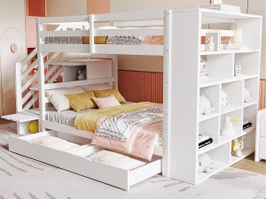 ModernLuxe Beliche em madeira 90x200cm - com 2 gavetas e estante - Branco
