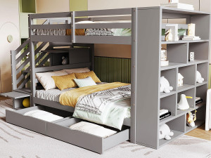 ModernLuxe Houten stapelbed 90x200cm - met 2 lades & boekenkast - Grijs