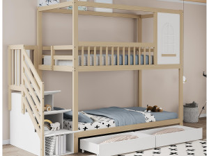 ModernLuxe Stapelbed 90x200cm in massief hout - 2 laden en opbergtrap - Naturel & Wit