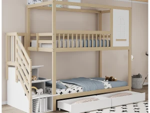 ModernLuxe Beliche 90x200cm em madeira maciça - 2 gavetas e escada de arrumação - Natural & Branco