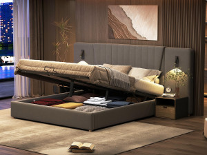 ModernLuxe Fluweel gewatteerd opbergbed - 180x200cm - met leeslampjes en oplaadpoort - Grijs