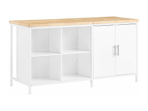 SoBuy Centraal keukeneiland met rubberhouten werkblad, keukentrolley, keukenkast met 2 deuren, 4 kubusvakken, 170x60x89 cm, wit KNL09-WN