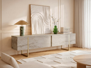 Vente-unique Tv-meubel met 2 deurtjes - Beige travertijnlook en goudkleurig - ZIRELDA