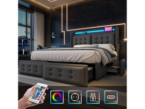 Merax Gestoffeerd bed 180 x 200 cm met 4 lades, LED-hoofdbord, USB Type-C-aansluiting - Katoenen stof - Grijs (zonder matras)