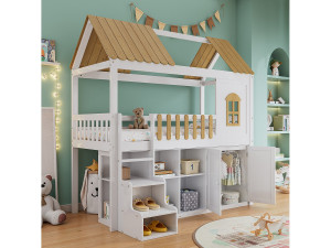 Merax Hoogslaper 90 x 200 cm met kledingkast, 2 deuren en dak - grenen + MDF - wit + naturel (zonder matras)