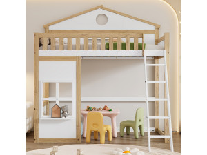 Merax Hoogslaper 90 x 200 cm met ramen & leuning - grenen + MDF - wit + naturel (zonder matras)