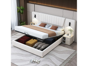 Merax Opbergbed 180 x 200 cm met extra lange rugleuning, leeslamp en USB-aansluiting - Kleur fluweel - beige (zonder matras)