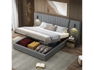Merax Cama de arrumação 180 x 200 cm com encosto extra longo, candeeiro de leitura e tomada USB - Veludo - cor cinza (sem colchão)