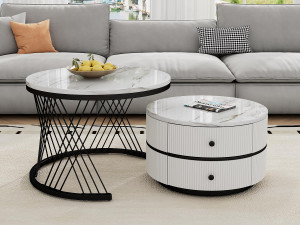 ModernLuxe Set van 2 bijzettafels - 2 lades - blad met marmerpatroon - Wit en zwart