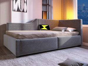 ModernLuxe Opbergbed 90x200cm - Fluwelen slaapbank - met leeslampje en oplaadpoorten - met lattenbodem - Grijs