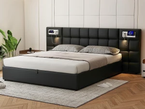 ModernLuxe Cama de arrumação 180x200cm tecido de pele sintética - com porta USB, carregamento sem fios e LED - com base de ripas - Preto