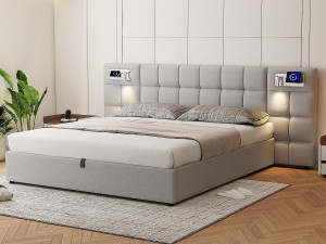 ModernLuxe Opbergbed 180x200cm linnen stof - met USB poort, draadloos opladen en LED - met lattenbodem - Grijs