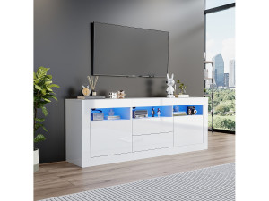 Merax TV-meubel met 3 open vakken, 2 deuren en 2 lades - 160 x 35 x 60 cm - Spaanplaat - LED's - Glanzend wit