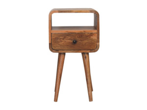 Mini gebogen open nachtkastje van Artisan Furniture in massief hout met lichte eiken afwerking, 1 lade, beige
