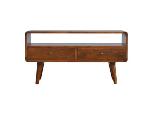 Artisan Furniture gebogen tv-meubel van massief hout met kastanjebruine afwerking, 2 lades, bruin