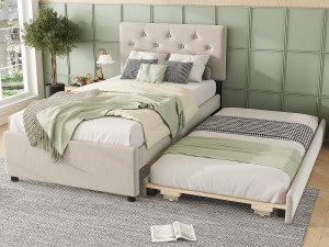 ModernLuxe Eenpersoons fluwelen bed met uitschuifbaar bed 90x200cm - Beige