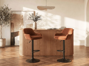 Vente-unique Set van 2 barkrukken van fluweel en zwart metaal - Verstelbare hoogte - Terracotta - ELEANA