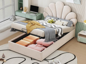 ModernLuxe Fluweel gewatteerd opbergbed - 90x200cm - bloemvormig hoofdeinde - met lattenbodem - Beige