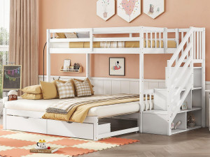 ModernLuxe Houten stapelbed - 90x200cm + 90/180x200cm - 2 lades en planken - 2 lattenbodems - Wit