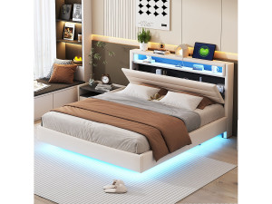 Merax Gestoffeerd bed 160 x 200 cm met USB-aansluiting en LED-verlichting, omkeerbaar hoofdbord, onzichtbaar voetbord, linnenstof, beige (zonder