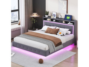 Merax Gestoffeerd bed 160 x 200 cm met opberghoofdeinde, USB-aansluiting en LED-verlichting - linnenstof - grijs (zonder matras)