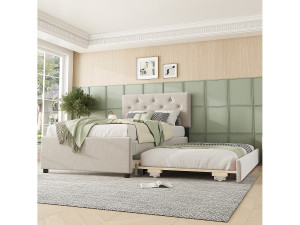 Merax Onderschuifbed 90 x 200 cm + 90 x 190 cm met hoofdeinde - fluweel - beige (zonder matras)