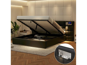Merax Opbergbed 180 x 200 cm met groot hoofdbord - USB-poort & draadloos opladen & lichtlamp - Linnen stof - Zwart (zonder matras)