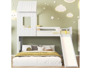 Merax Beliches 90 x 200 cm + 140 x 200 cm com escorregador, janela e teto para crianças - madeira de pinho + MDF - branco (sem colchão)