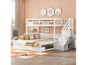 Merax Stapelbedden 2 x 90 x 200 cm met onderschuifbed - 2 laden en opbergplanken - grenenhout - wit (zonder matras)