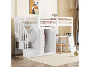 Merax Hoogslaper - 90 x 200 cm - met kledingkast + bureau + lades en hanggedeelte - grenenhout + MDF - wit (zonder matras)