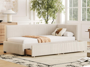ModernLuxe Gestoffeerde slaapbank 90x200cm in fluweel - 2 lades - met lattenbodem - Beige