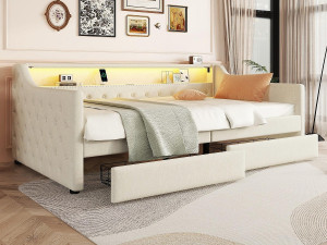 ModernLuxe Linnen daybed bed 90x200cm met LED - 2 lades & USB poorten - met lattenbodem - Beige