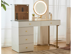 ModernLuxe Kaptafel met spiegel en LED - 5 laden en een glazen display - Wit (kruk niet inbegrepen)