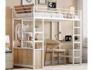 ModernLuxe Metalen mezzaninebed 90x200cm - met bureau + USB-aansluitingen + barrières - Wit