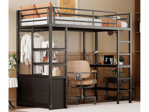 ModernLuxe Metalen mezzaninebed 90x200cm - met bureau + USB-aansluitingen + barrières - Zwart