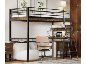 ModernLuxe Mezzaninebed 90x200cm - met bureau + planken + barrières - Zwart