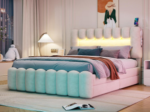 ModernLuxe Fluweel gestoffeerd bed - 160x200cm - 4 lades + LED + Oplaadpoorten + Lezer - Beige