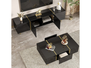 Merax Moderne TV-kast en salontafelset - 170 x 35 x 46 cm + 100 x 60 x 41,5 cm - MDF hout en gouden poten - Glanzend zwart