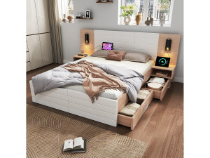 ModernLuxe Tweepersoonsbed 180x200 cm in hout - met 2 nachtkastjes en 2 lades - 2 draaibare leeslampjes met USB-aansluiting - Wit & Naturel (matras