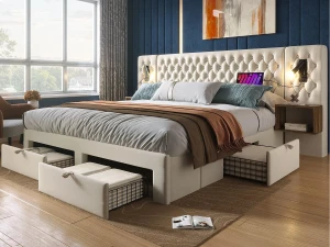 ModernLuxe Cama de adulto em veludo 160x200 cm - com 2 mesas de cabeceira e 4 gavetas - 2 luzes de leitura com tomada USB - Bege (colchão não