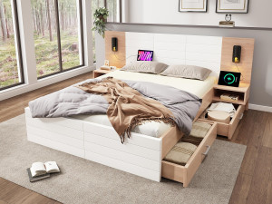 ModernLuxe Tweepersoonsbed 140x200 cm in hout - met 2 nachtkastjes en 2 lades - 2 draaibare leeslampjes met USB-aansluiting - Wit & Naturel (matras