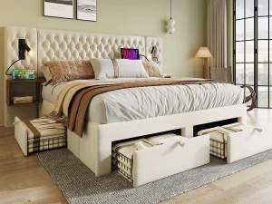 ModernLuxe Cama de adulto em veludo 180x200 cm - com 2 mesas de cabeceira e 4 gavetas - 2 luzes de leitura com tomada USB - Bege (colchão não