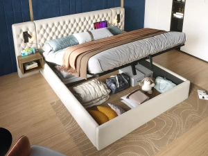 ModernLuxe Cama em veludo 160x200 cm - 2 mesas de cabeceira + 2 luzes de leitura com tomada USB - Bege (colchão não incluído)
