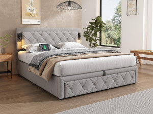 ModernLuxe Opbergbed 160x200cm in linnenstof - met leeslampje en USB-aansluiting - met lattenbodem - Grijs