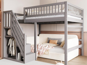 ModernLuxe Mezzanine bed 140x200cm - met trap met opbergruimte - massief hout + multiplex + MDF - Grijs